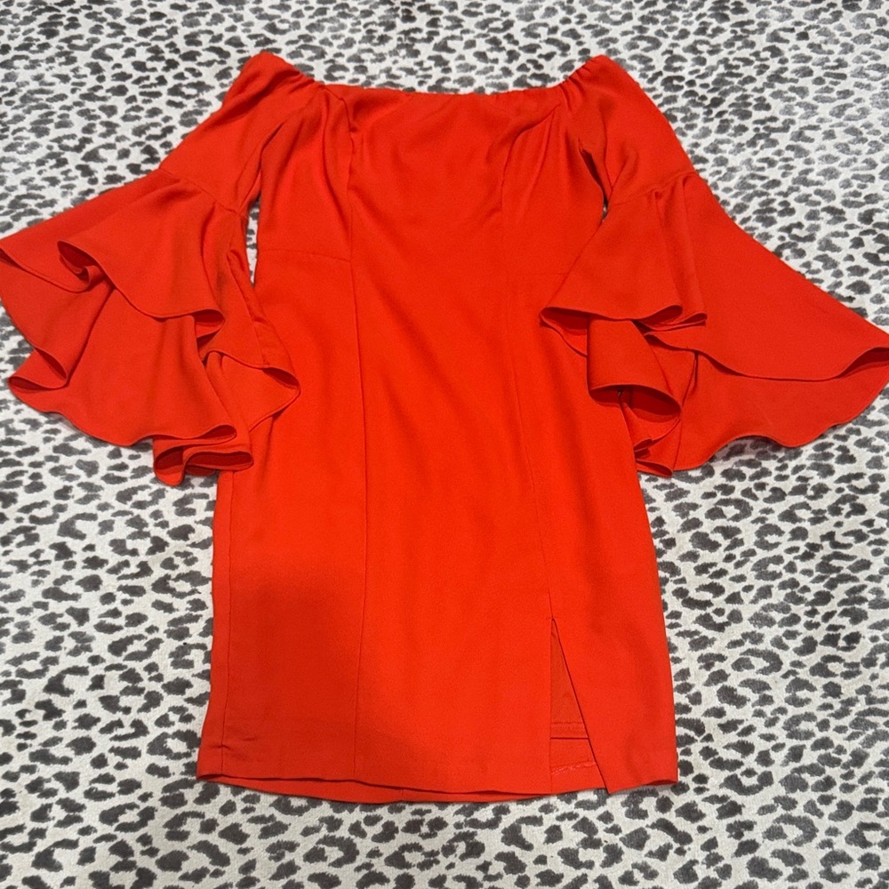 Elegant Red Off-Shoulder Dress with Ruffle Sleeves